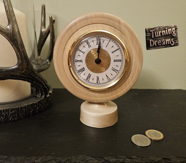 Beautiful Sycamore Wood Clock, white/gold face