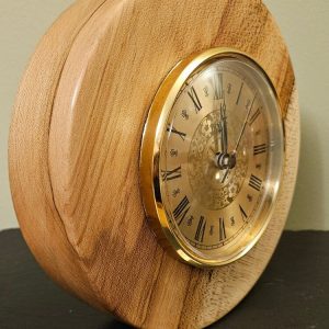 18cm Sycamore Wood Clock, two tone Gold coloured face and bezel
