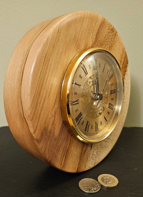 18cm Sycamore Wood Clock, two tone Gold coloured face and bezel