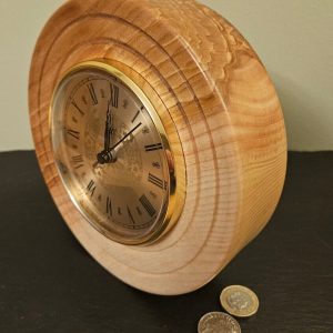 Olive Ash Wood Clock, 18cm, two tone Gold coloured face and bezel