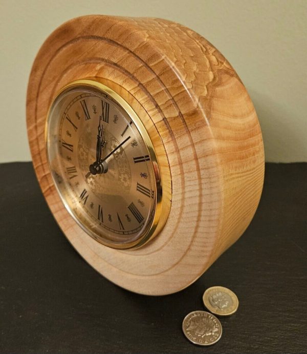 Olive Ash Wood Clock, 18cm, two tone Gold coloured face and bezel