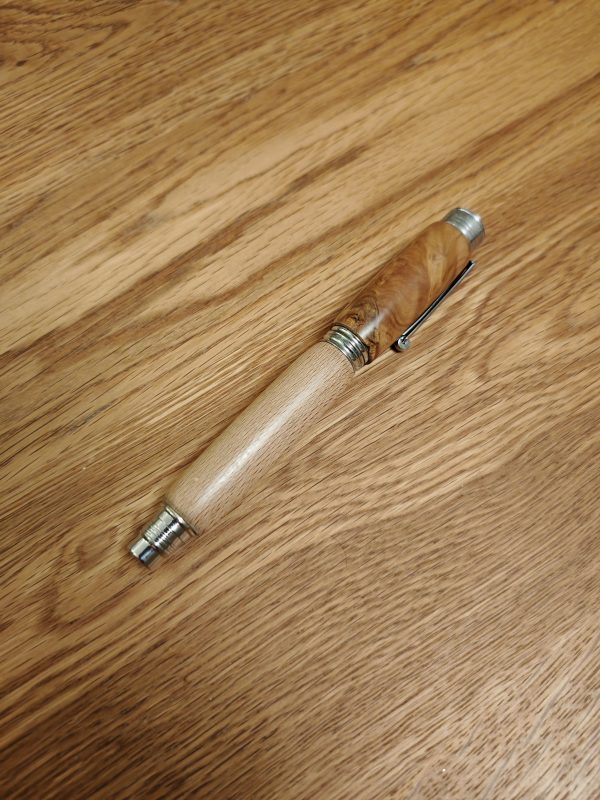 Unique handmade pen made from Maple Burl and Teak